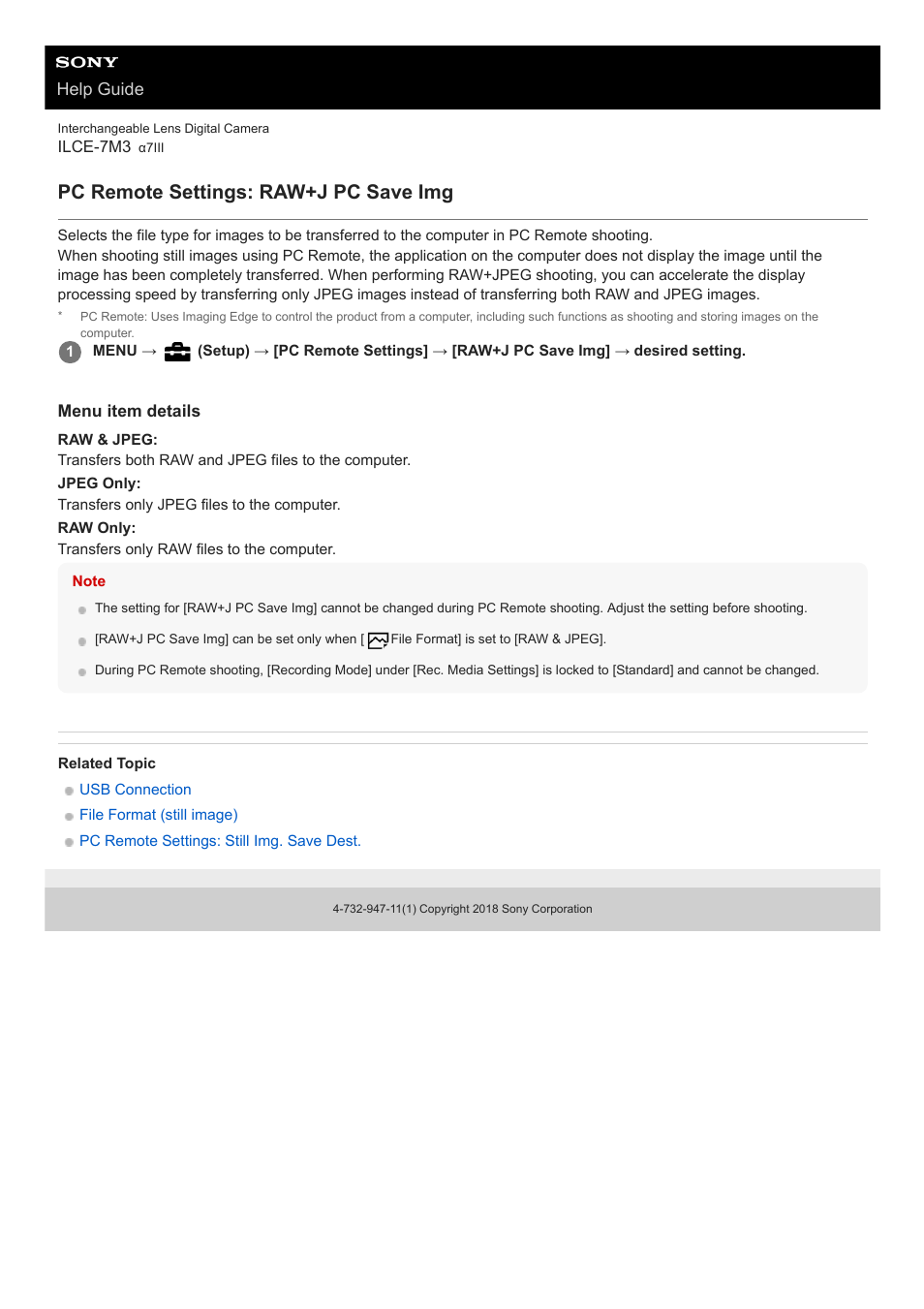 Pc remote settings: raw+j pc save img, Help guide | Sony a7C Mirrorless Camera (Black) User Manual | Page 326 / 642