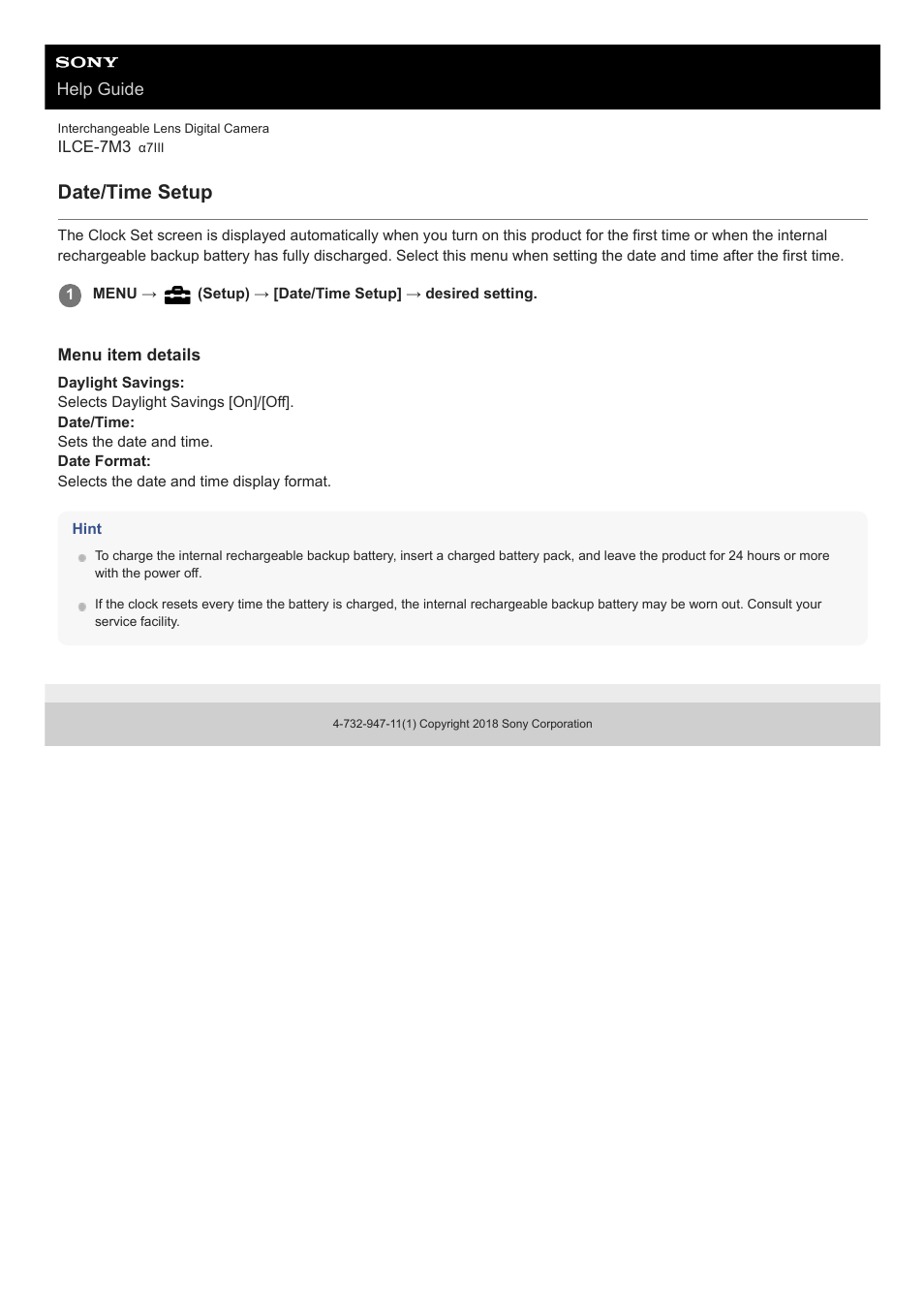 Date/time setup | Sony a7C Mirrorless Camera (Black) User Manual | Page 328 / 642