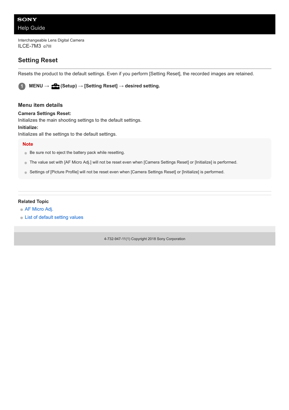 Setting reset | Sony a7C Mirrorless Camera (Black) User Manual | Page 333 / 642