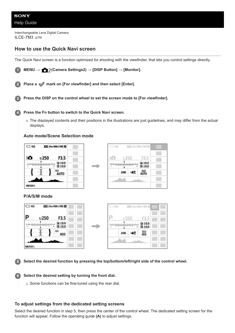 How to use the quick navi screen | Sony a7C Mirrorless Camera (Black) User Manual | Page 34 / 642