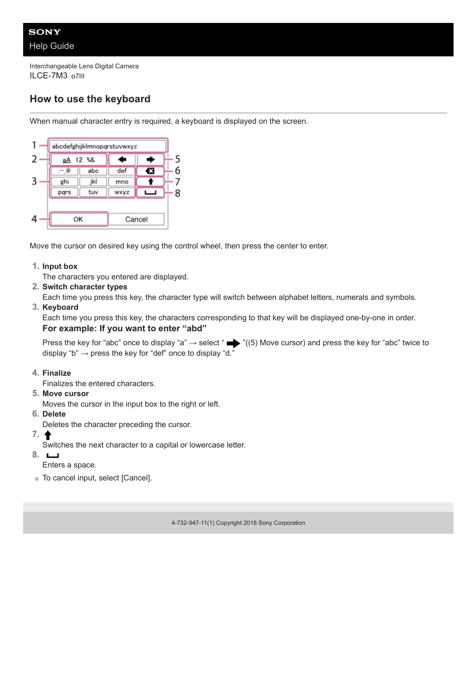 How to use the keyboard | Sony a7C Mirrorless Camera (Black) User Manual | Page 36 / 642