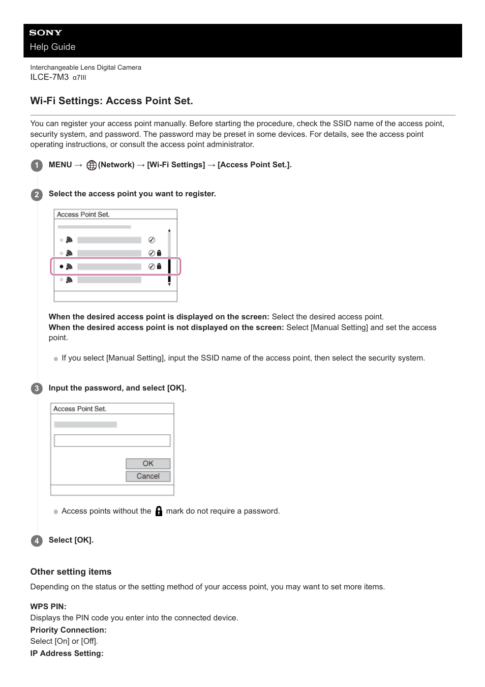 Wi-fi settings: access point set | Sony a7C Mirrorless Camera (Black) User Manual | Page 360 / 642