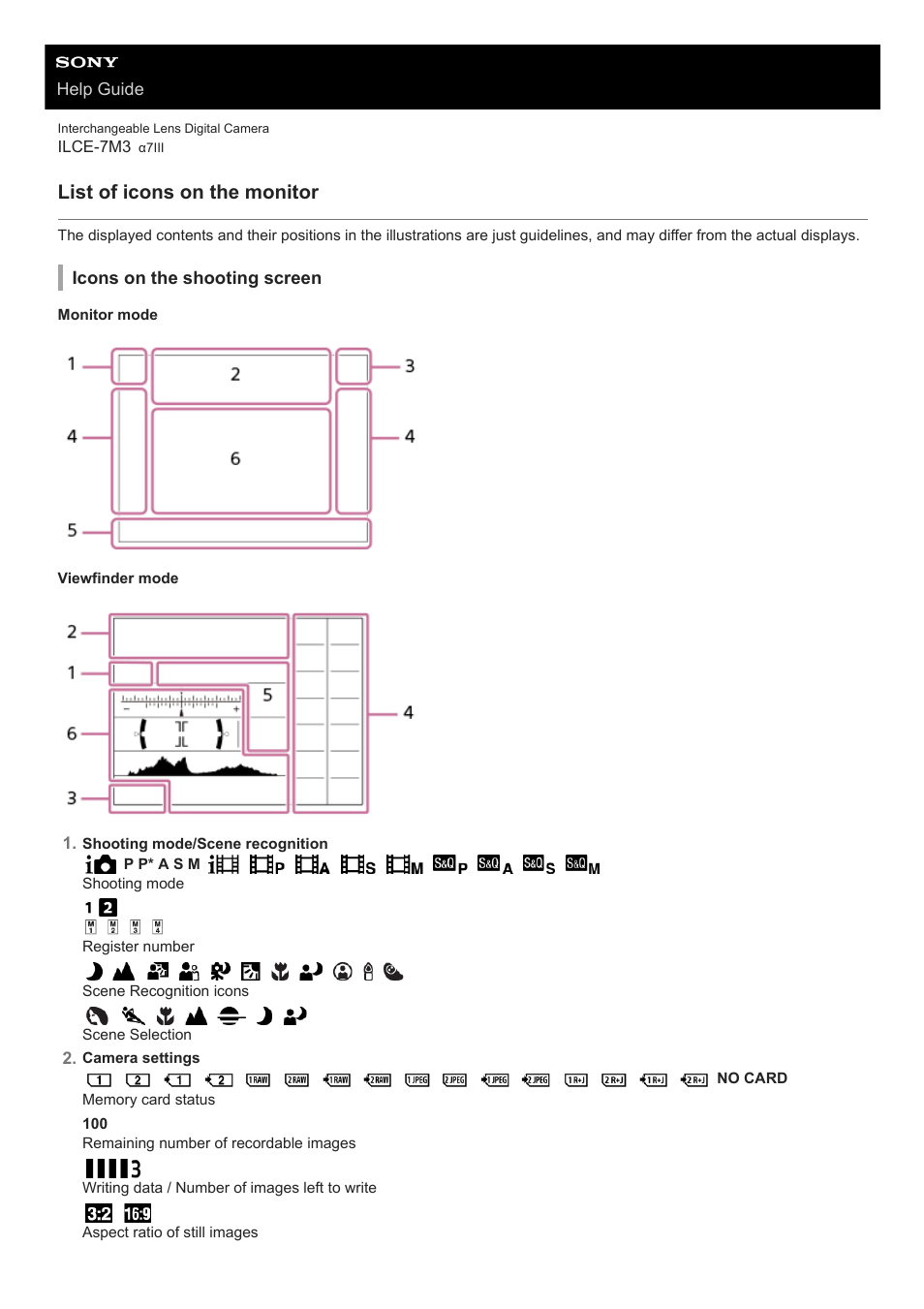 List of icons on the monitor | Sony a7C Mirrorless Camera (Black) User Manual | Page 37 / 642