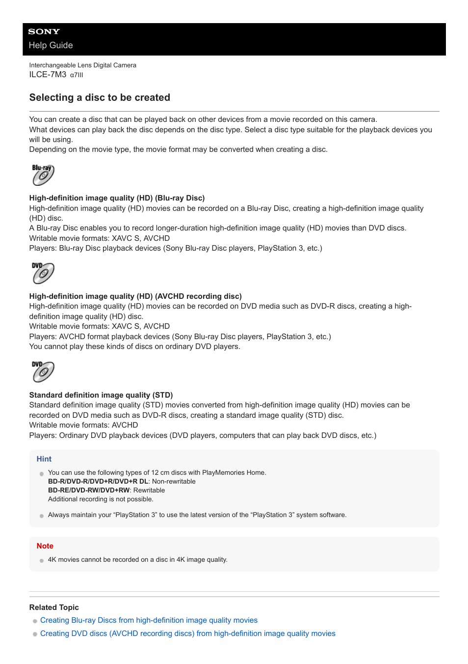 Selecting a disc to be created | Sony a7C Mirrorless Camera (Black) User Manual | Page 375 / 642