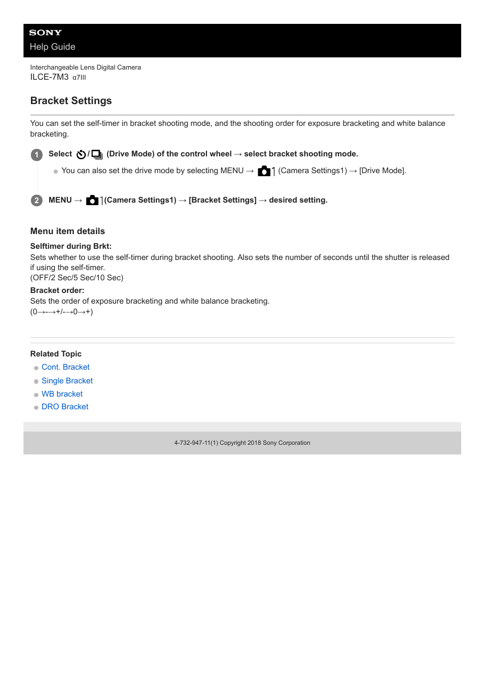 Bracket settings | Sony a7C Mirrorless Camera (Black) User Manual | Page 395 / 642