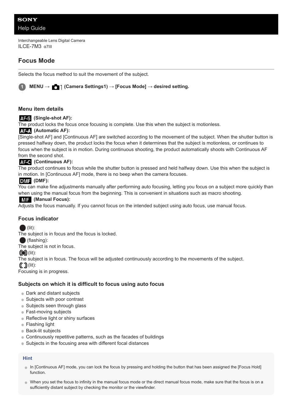 Focus mode | Sony a7C Mirrorless Camera (Black) User Manual | Page 401 / 642