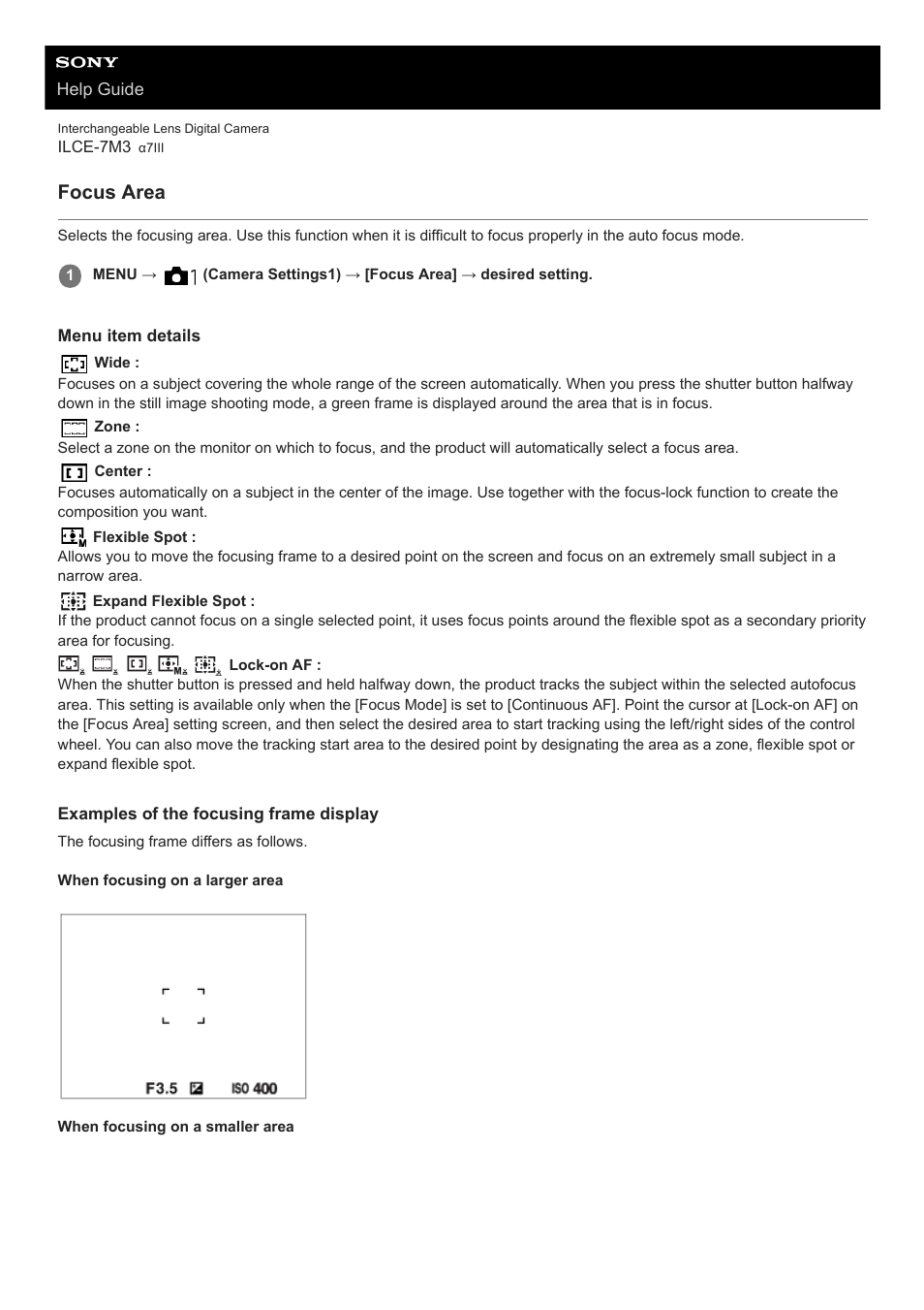 Focus area | Sony a7C Mirrorless Camera (Black) User Manual | Page 405 / 642