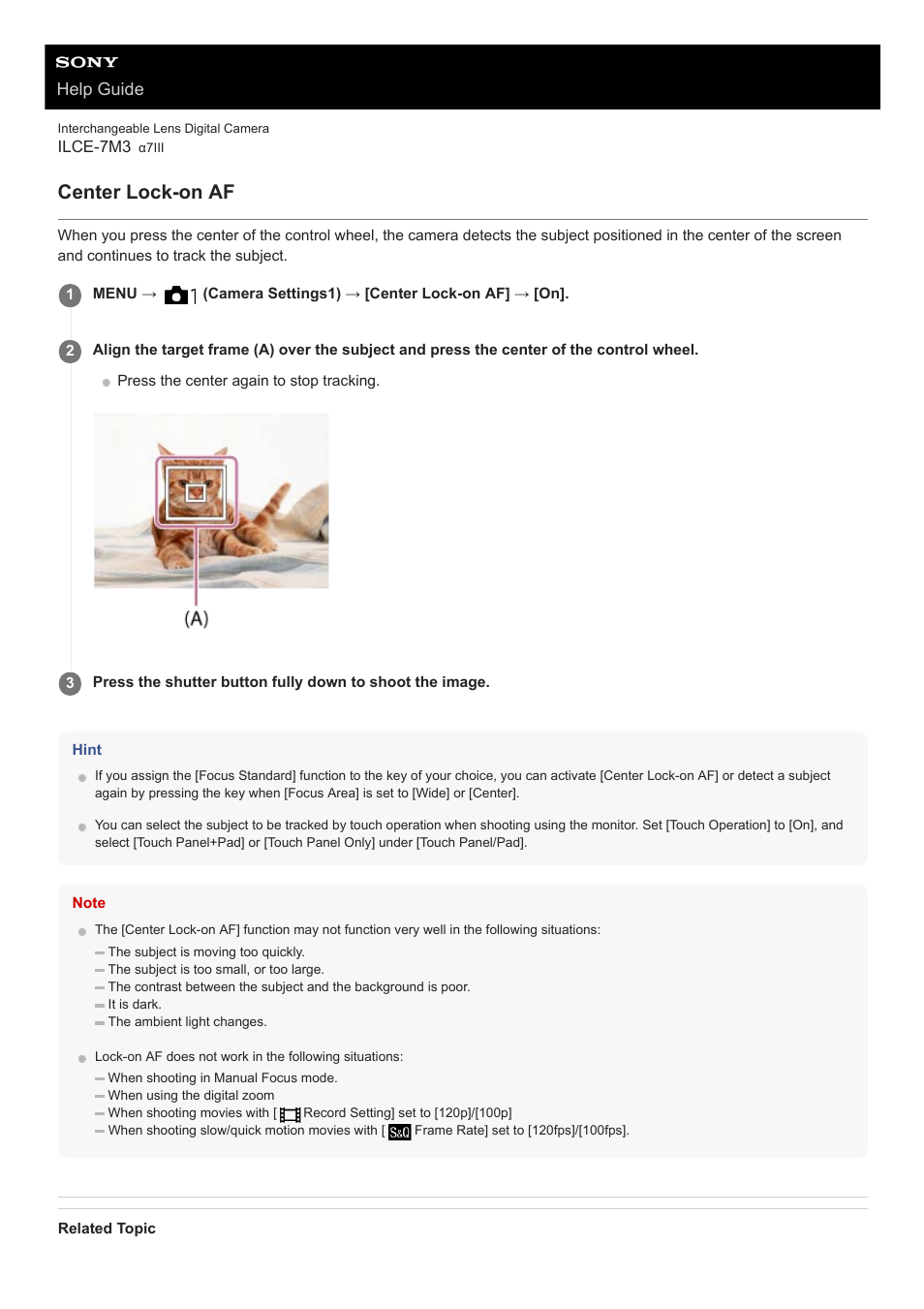 Center lock-on af, Help guide | Sony a7C Mirrorless Camera (Black) User Manual | Page 412 / 642