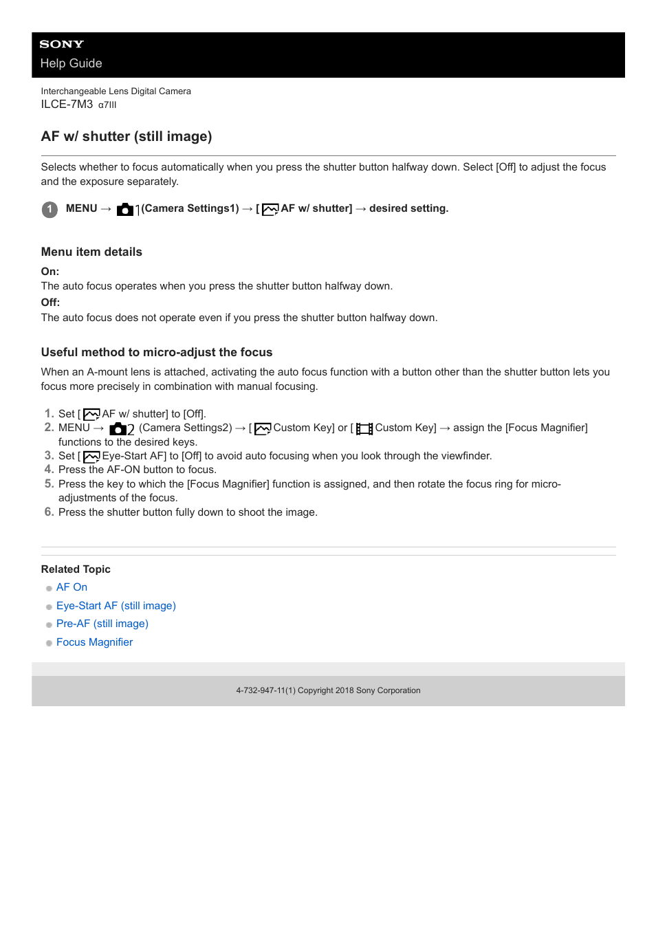 Af w/ shutter (still image) | Sony a7C Mirrorless Camera (Black) User Manual | Page 418 / 642