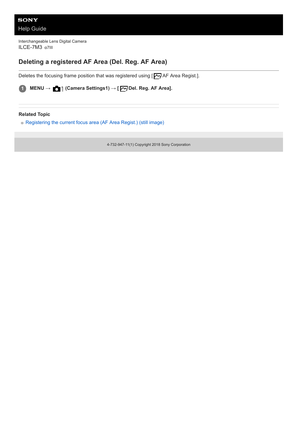 Deleting a registered af area (del. reg. af area) | Sony a7C Mirrorless Camera (Black) User Manual | Page 422 / 642