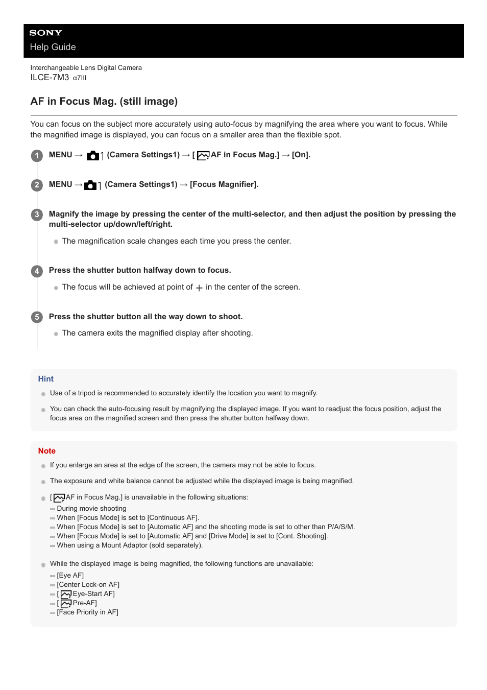 Af in focus mag. (still image), Help guide | Sony a7C Mirrorless Camera (Black) User Manual | Page 459 / 642