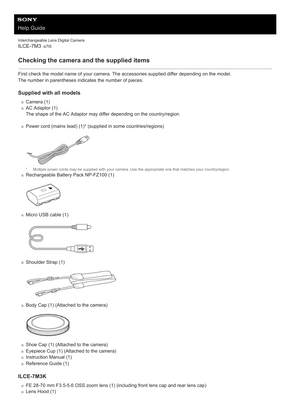 Checking the camera and the supplied items | Sony a7C Mirrorless Camera (Black) User Manual | Page 48 / 642