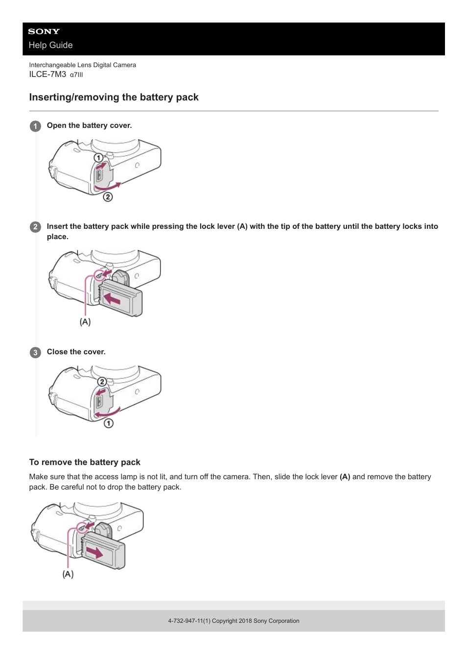 Inserting/removing the battery pack | Sony a7C Mirrorless Camera (Black) User Manual | Page 50 / 642