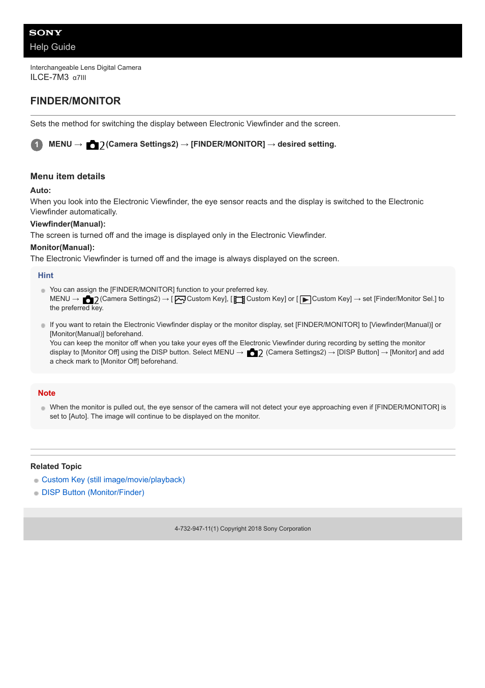 Finder/monitor, Help guide | Sony a7C Mirrorless Camera (Black) User Manual | Page 500 / 642