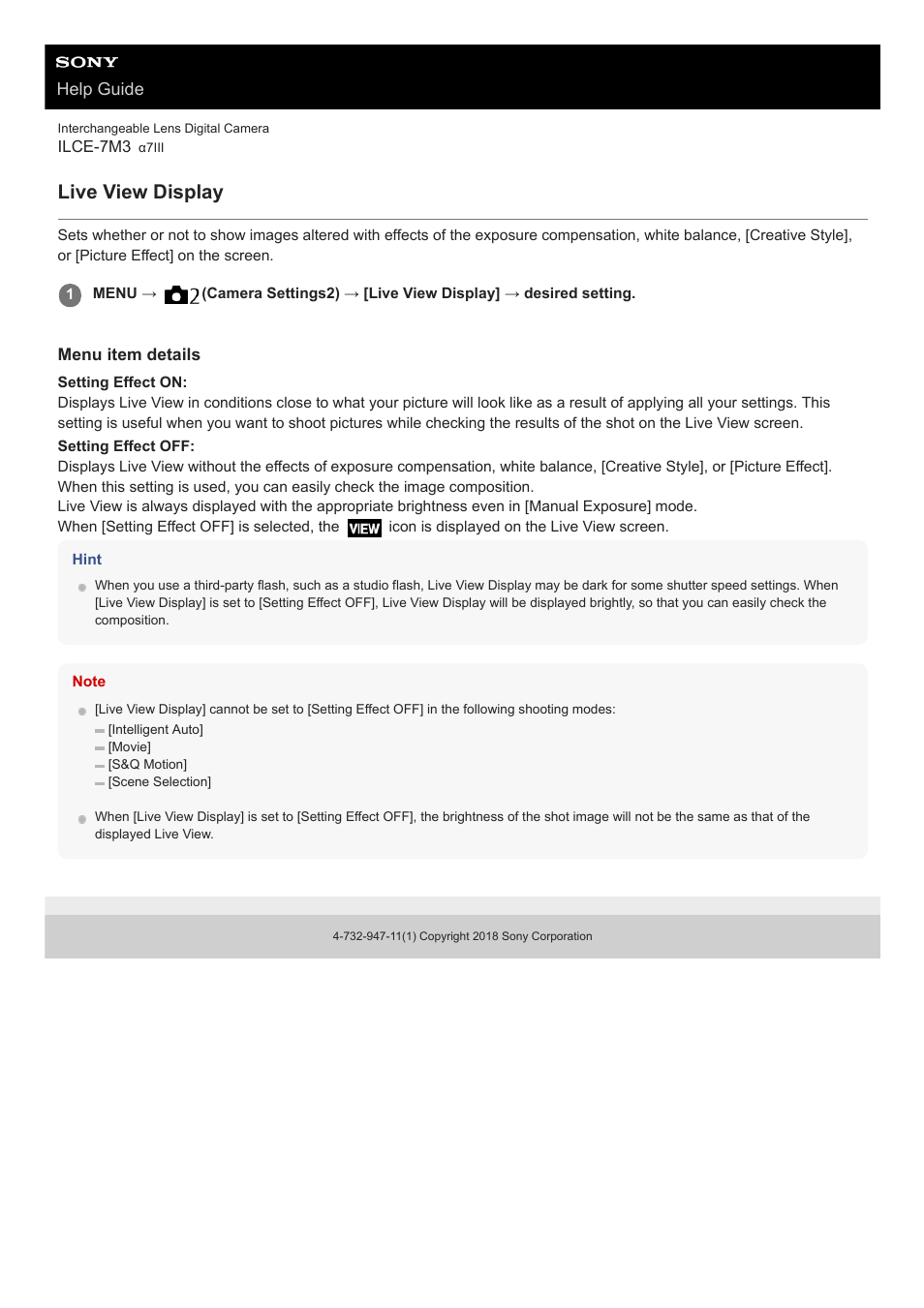 Live view display | Sony a7C Mirrorless Camera (Black) User Manual | Page 504 / 642