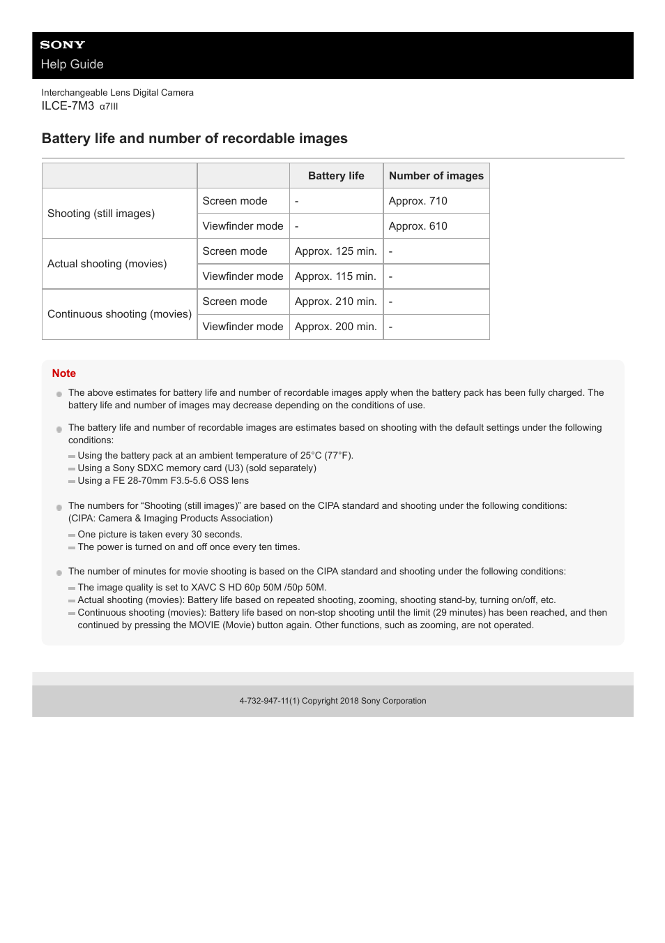 Battery life and number of recordable images, Help guide | Sony a7C Mirrorless Camera (Black) User Manual | Page 54 / 642