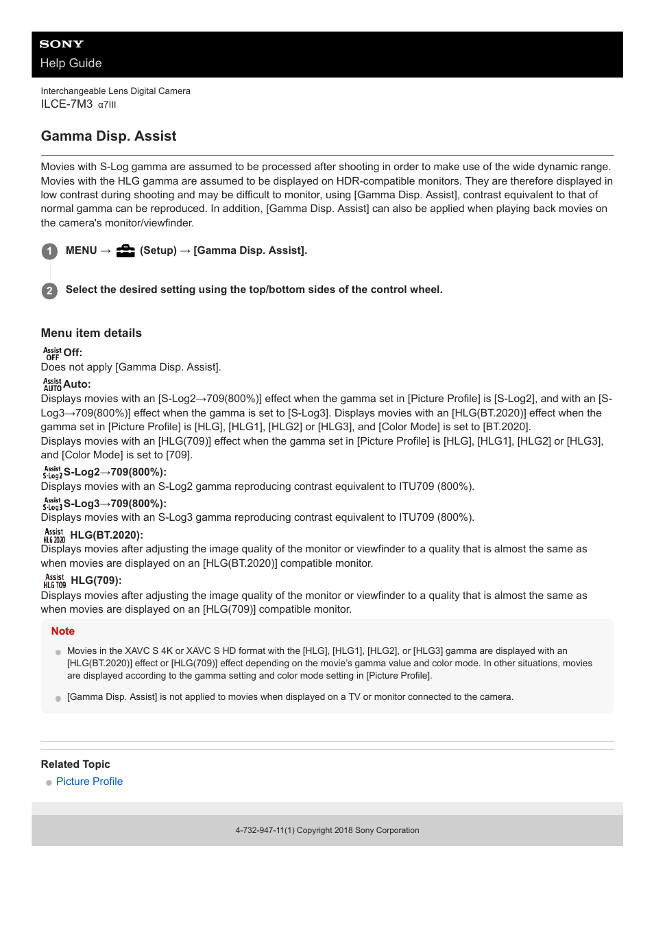 Gamma disp. assist | Sony a7C Mirrorless Camera (Black) User Manual | Page 558 / 642