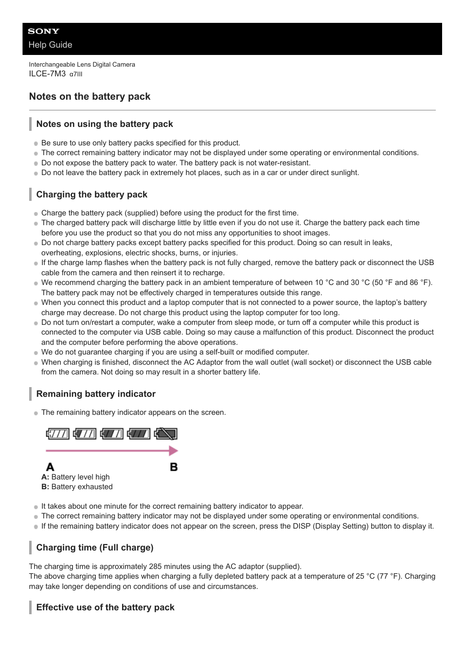 Notes on the battery pack | Sony a7C Mirrorless Camera (Black) User Manual | Page 56 / 642