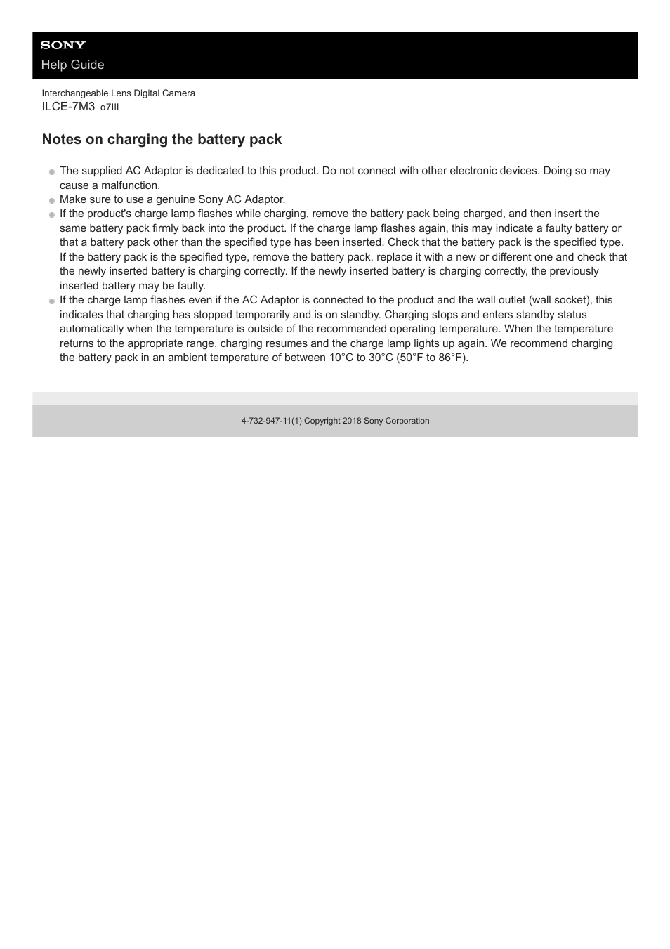 Notes on charging the battery pack | Sony a7C Mirrorless Camera (Black) User Manual | Page 58 / 642