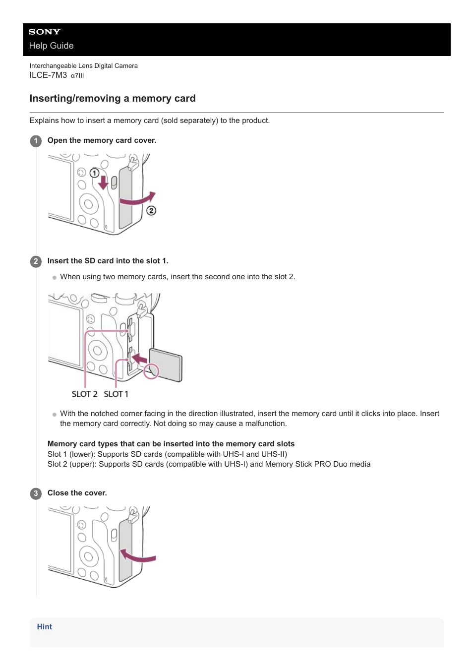 Inserting/removing a memory card | Sony a7C Mirrorless Camera (Black) User Manual | Page 59 / 642