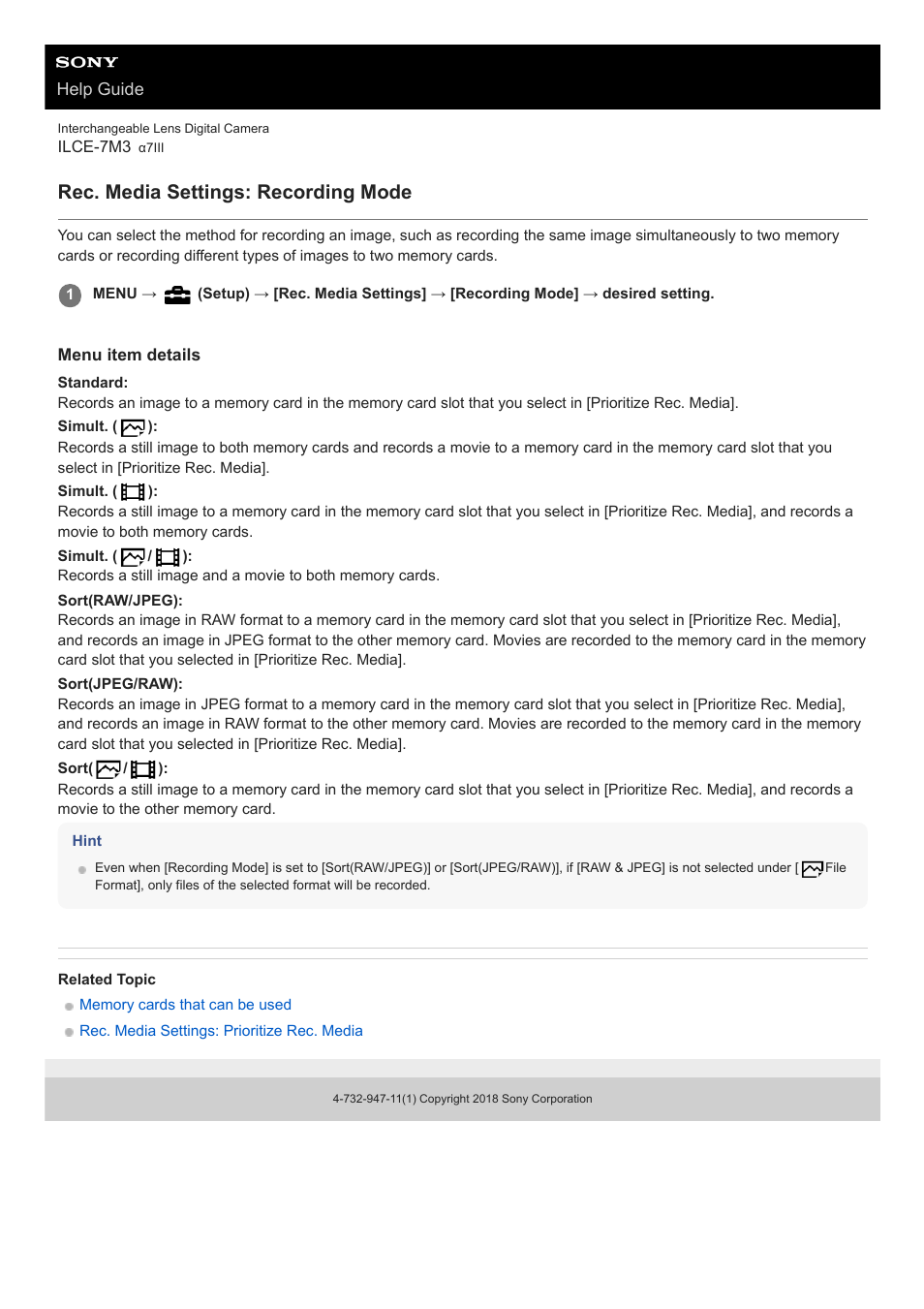 Rec. media settings: recording mode | Sony a7C Mirrorless Camera (Black) User Manual | Page 595 / 642