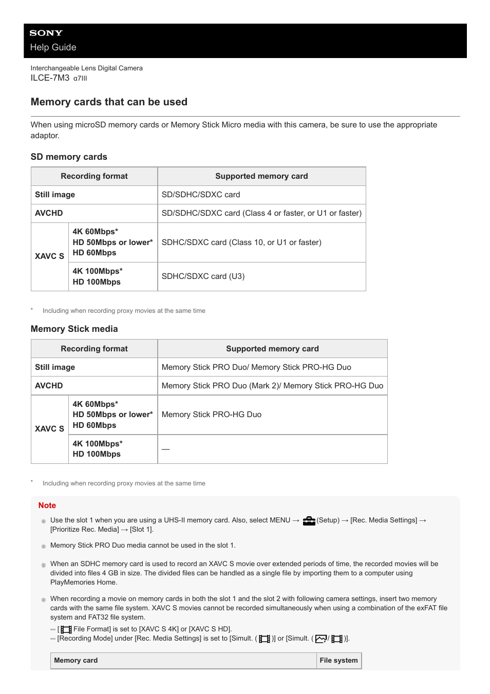 Memory cards that can be used, Help guide | Sony a7C Mirrorless Camera (Black) User Manual | Page 61 / 642