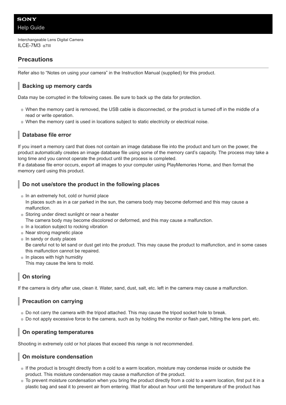 Precautions | Sony a7C Mirrorless Camera (Black) User Manual | Page 611 / 642