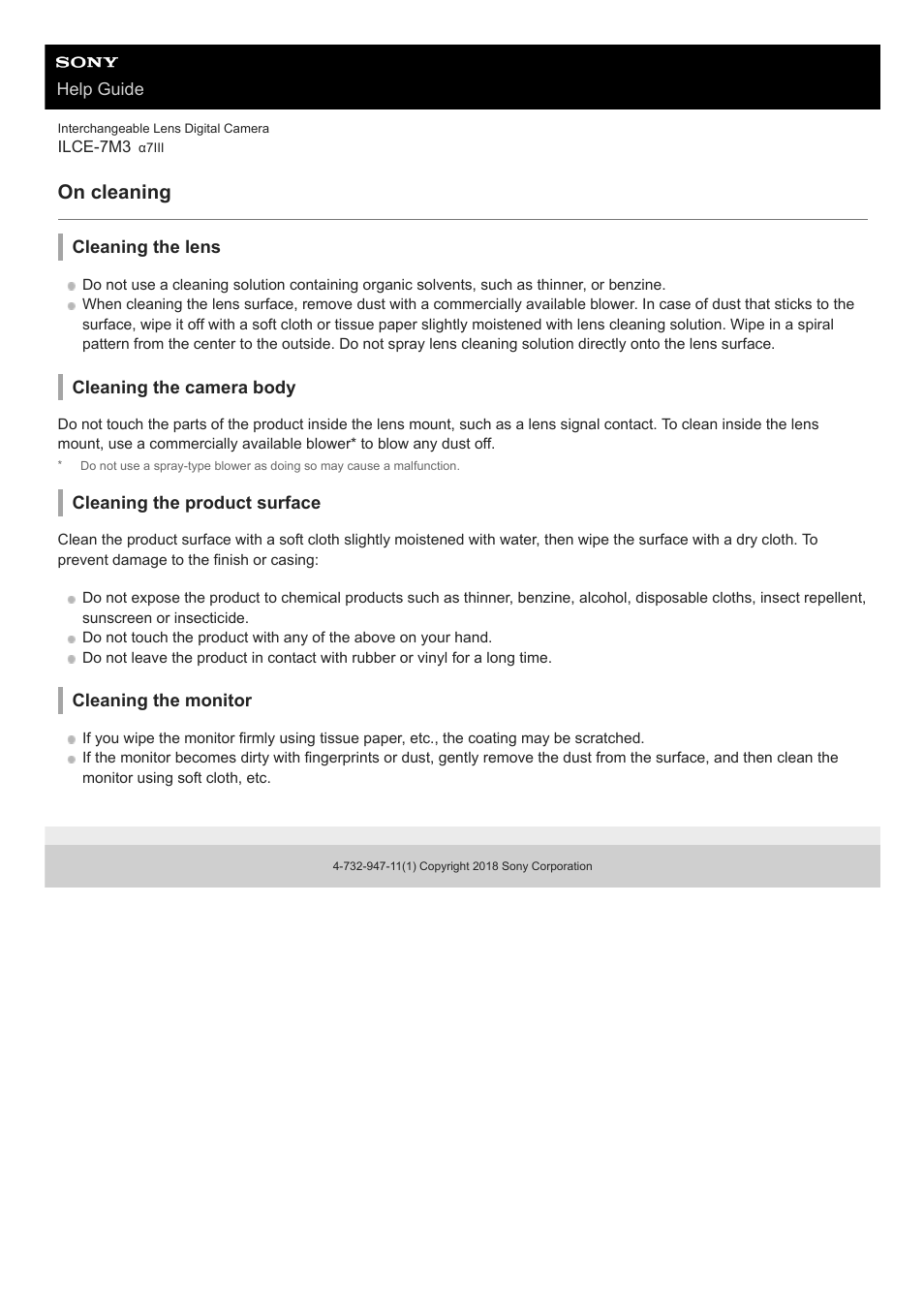 On cleaning | Sony a7C Mirrorless Camera (Black) User Manual | Page 613 / 642