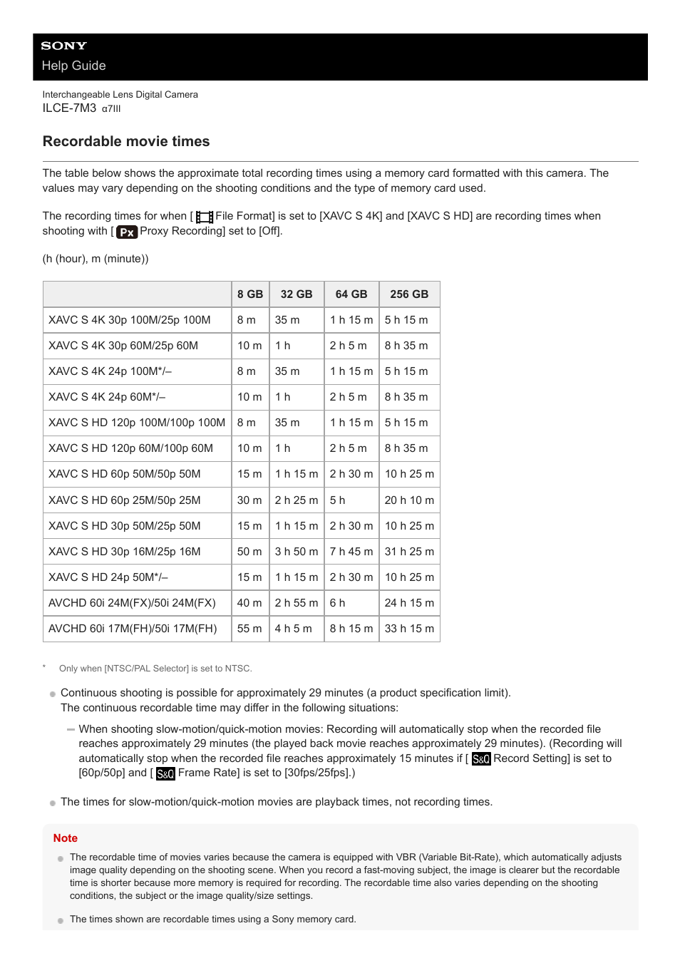 Recordable movie times | Sony a7C Mirrorless Camera (Black) User Manual | Page 617 / 642