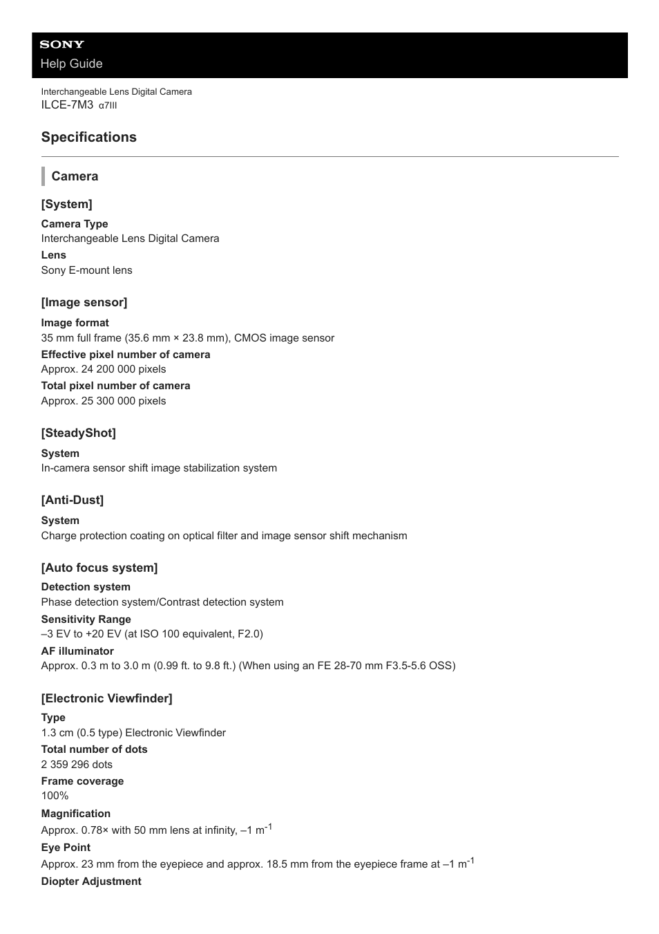 Specifications | Sony a7C Mirrorless Camera (Black) User Manual | Page 622 / 642