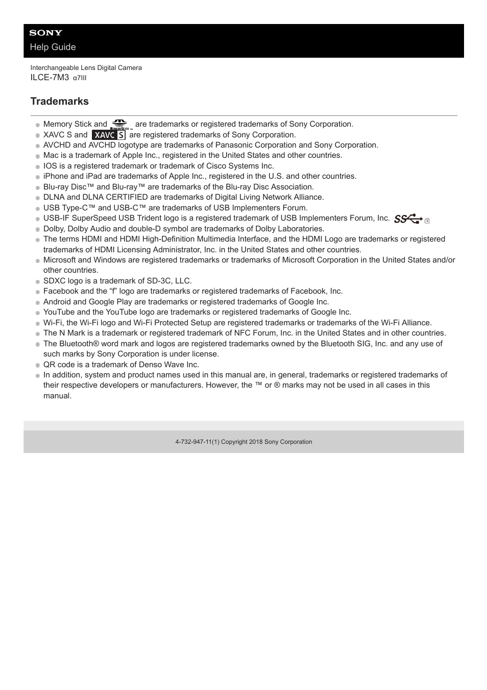 Trademarks | Sony a7C Mirrorless Camera (Black) User Manual | Page 627 / 642