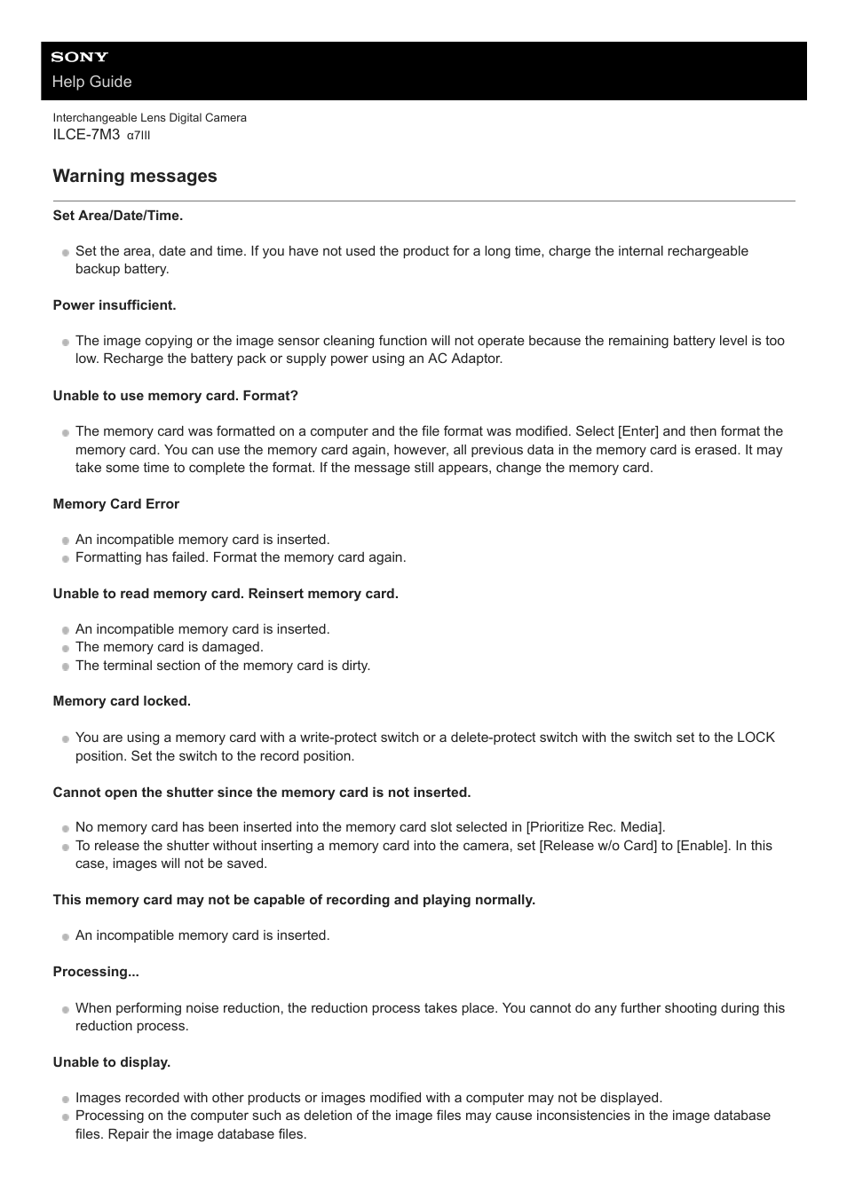 Warning messages | Sony a7C Mirrorless Camera (Black) User Manual | Page 639 / 642