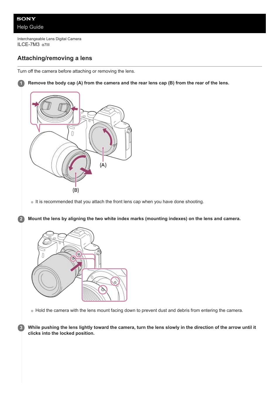 Attaching/removing a lens | Sony a7C Mirrorless Camera (Black) User Manual | Page 64 / 642