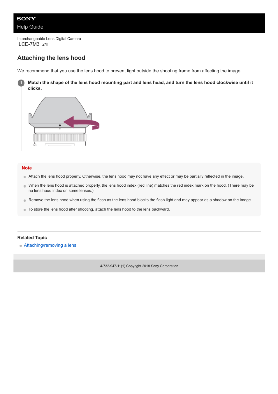 Attaching the lens hood, Help guide | Sony a7C Mirrorless Camera (Black) User Manual | Page 66 / 642