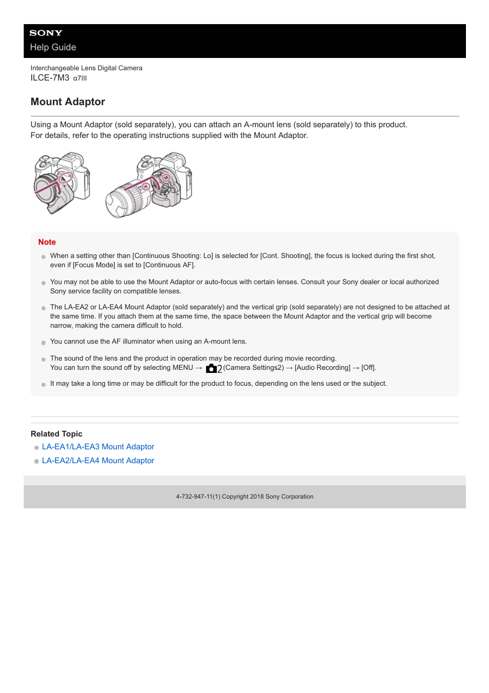 Mount adaptor, Help guide | Sony a7C Mirrorless Camera (Black) User Manual | Page 67 / 642