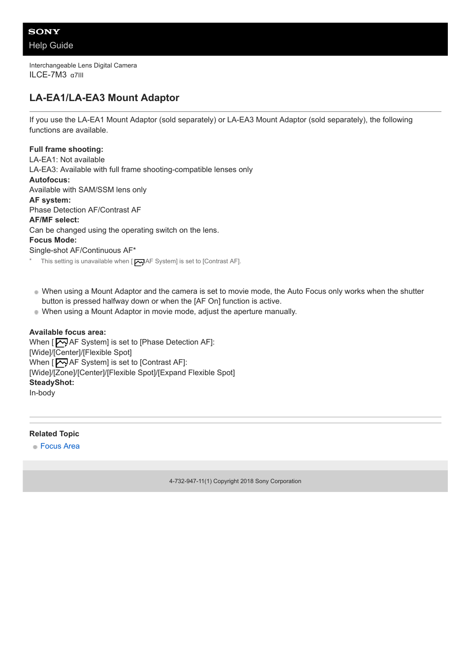 La-ea1/la-ea3 mount adaptor, Help guide | Sony a7C Mirrorless Camera (Black) User Manual | Page 68 / 642