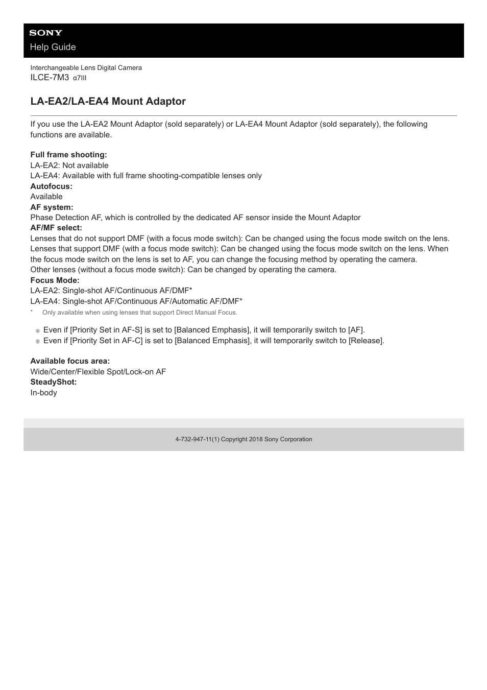 La-ea2/la-ea4 mount adaptor, Help guide | Sony a7C Mirrorless Camera (Black) User Manual | Page 69 / 642