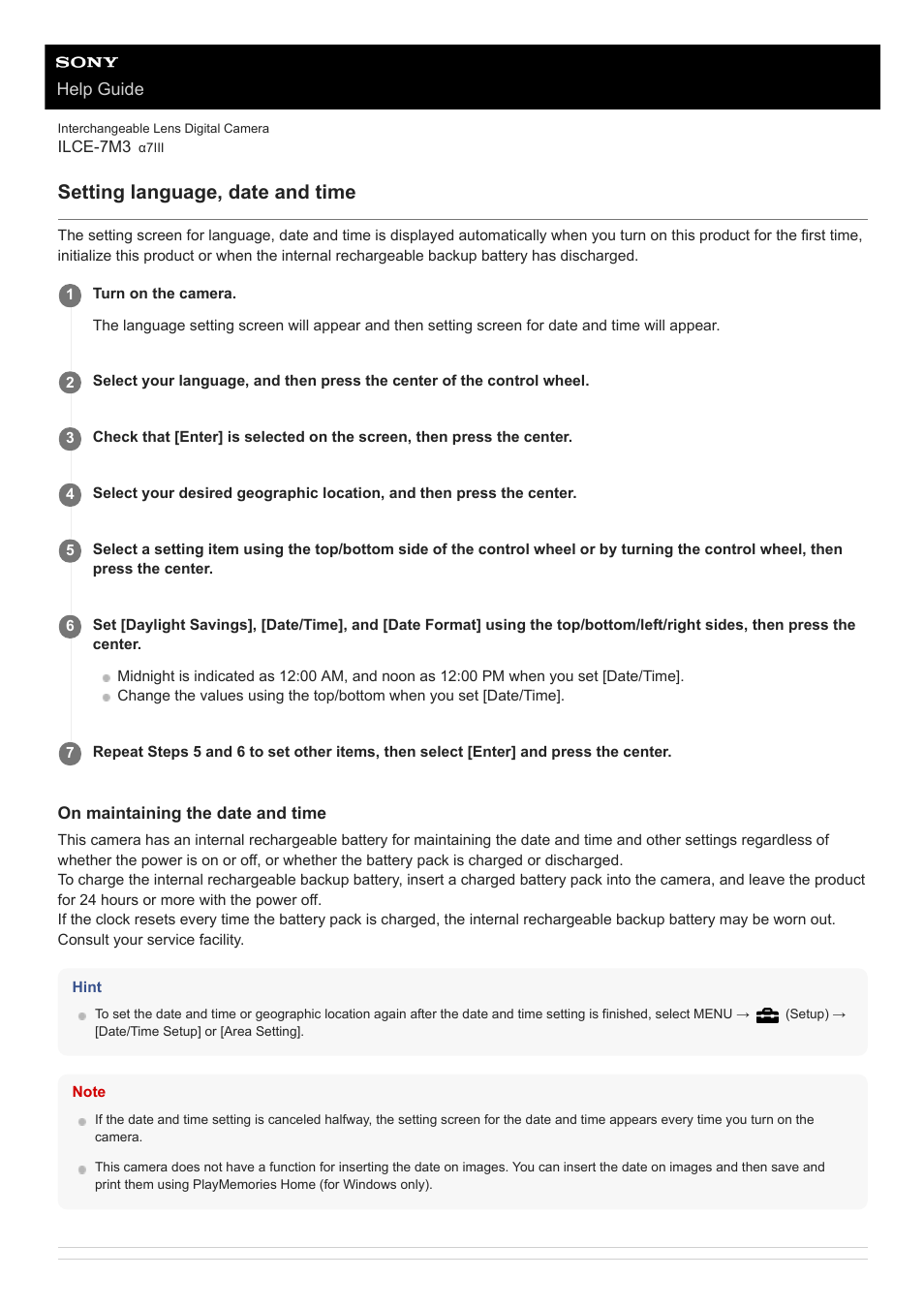 Setting language, date and time | Sony a7C Mirrorless Camera (Black) User Manual | Page 71 / 642