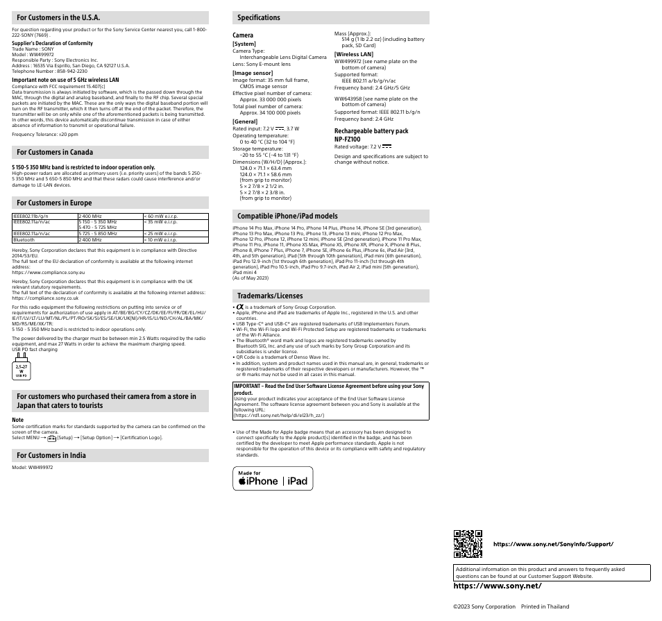 For customers in the u.s.a, For customers in canada, For customers in europe | For customers in india, Specifications, Compatible iphone/ipad models, Trademarks/licenses | Sony ZV-E10 Mirrorless Camera (Black) User Manual | Page 2 / 2