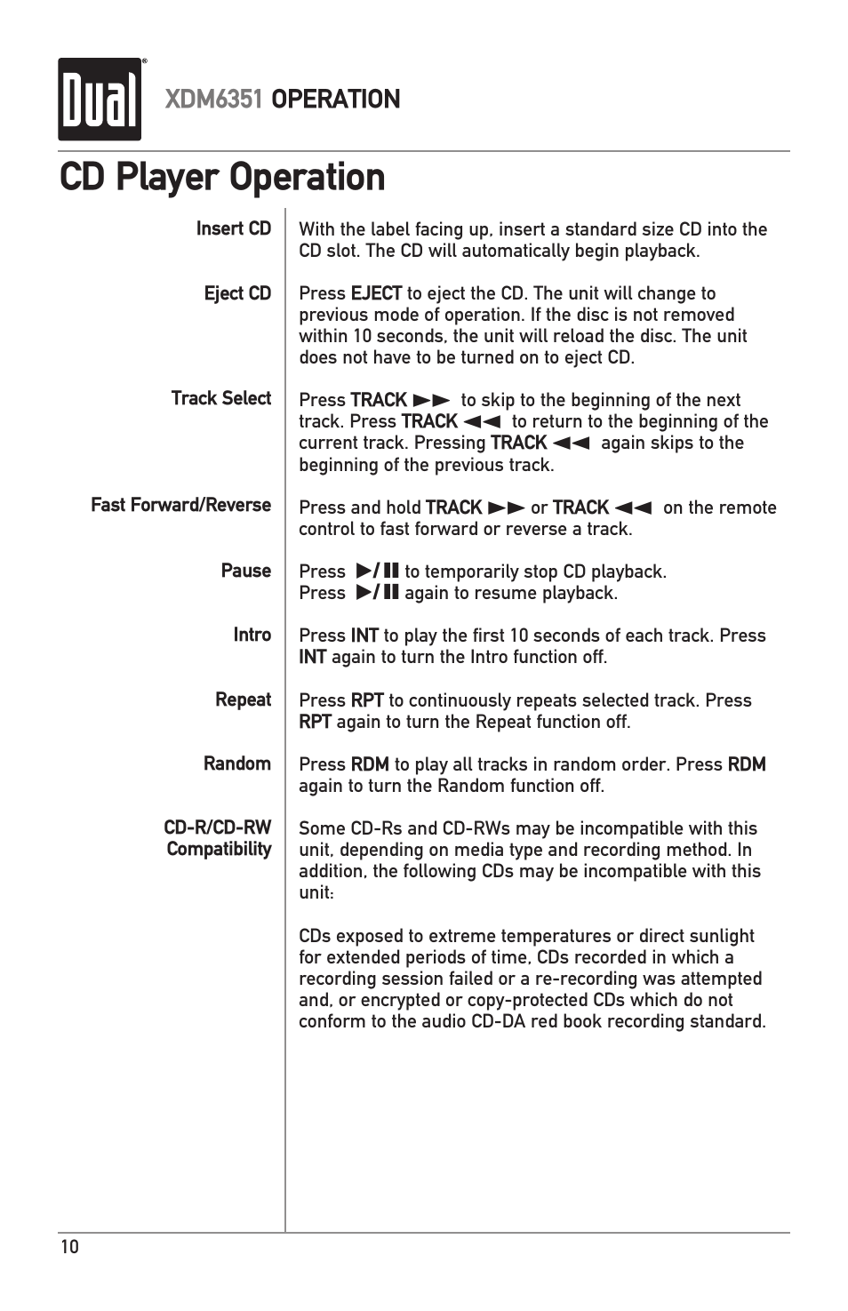 Cd player operation, Xdm6351 operation | Dual XDM6351 User Manual | Page 10 / 24