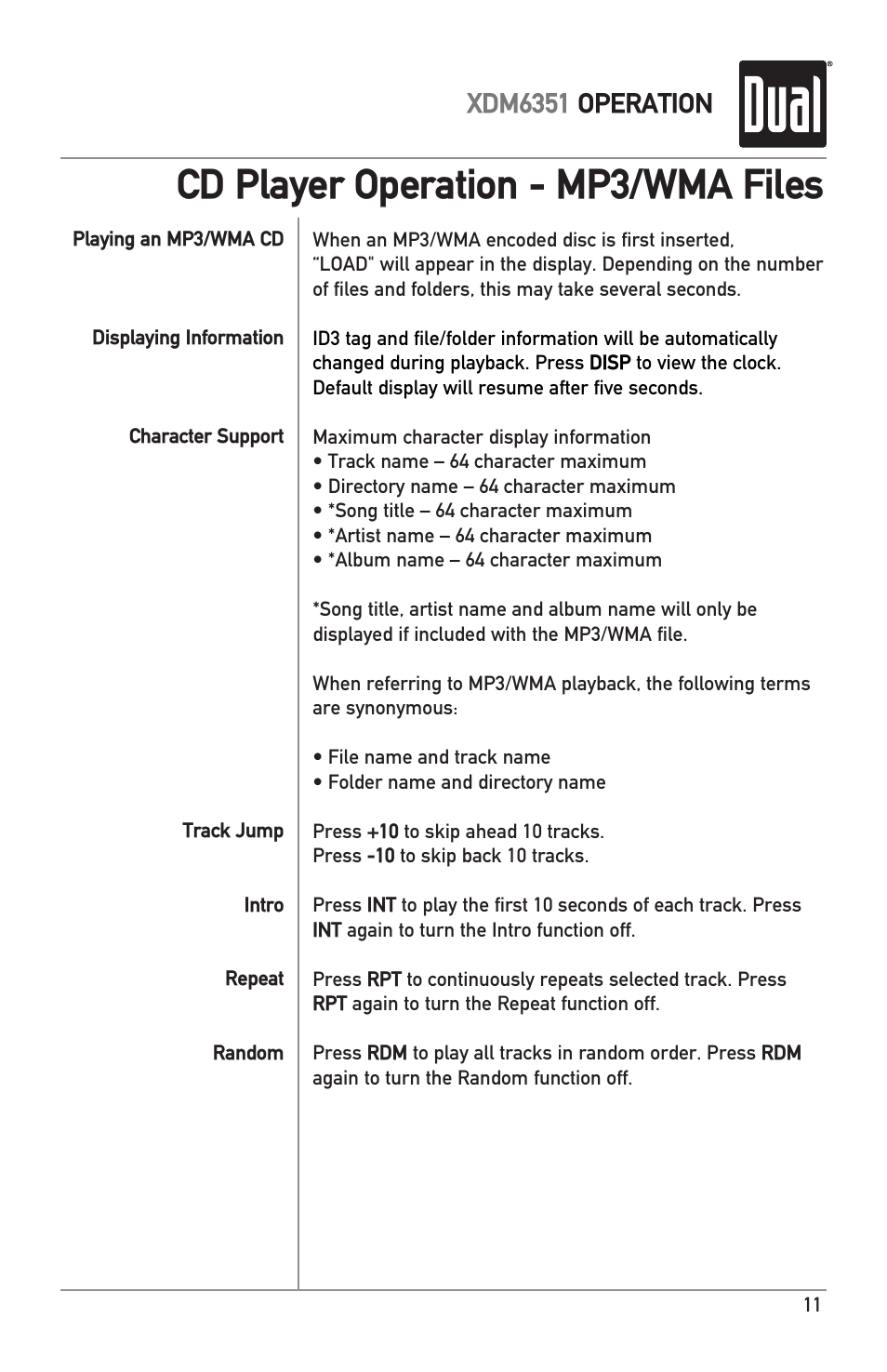 Cd player operation - mp3/wma files, Xdm6351 operation | Dual XDM6351 User Manual | Page 11 / 24