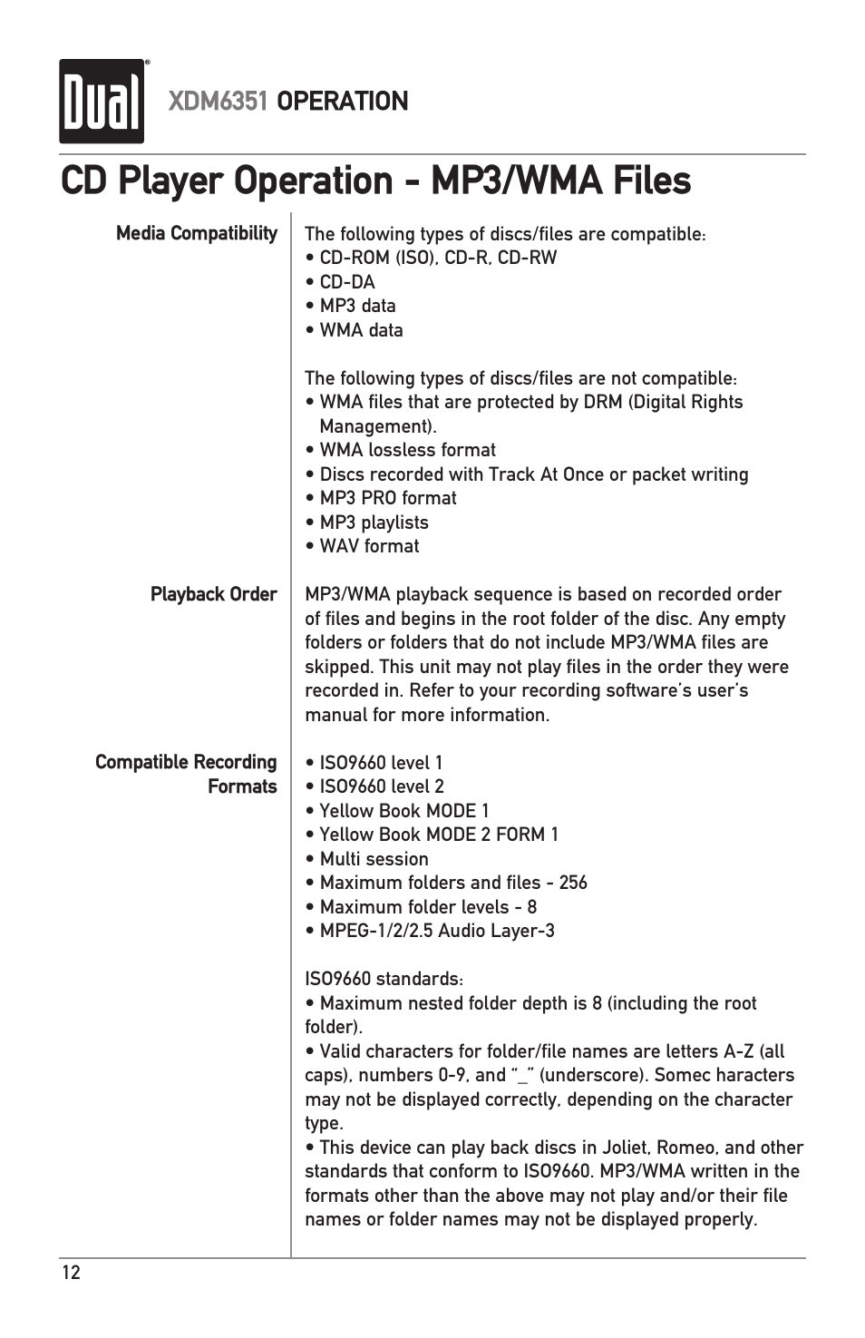 Cd player operation - mp3/wma files, Xdm6351 operation | Dual XDM6351 User Manual | Page 12 / 24