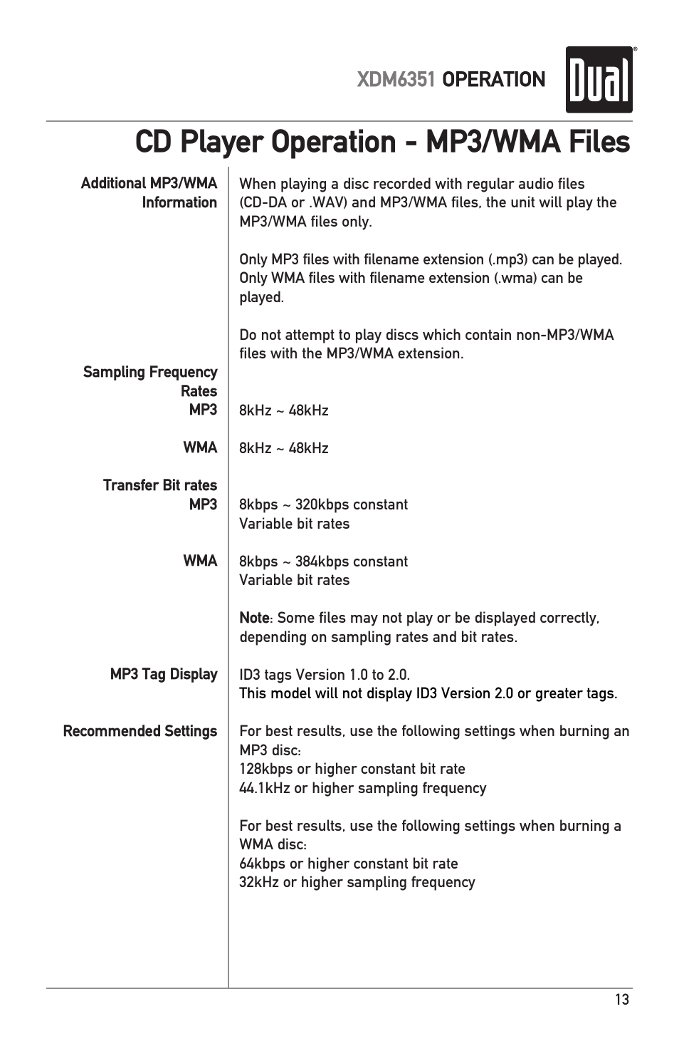 Cd player operation - mp3/wma files, Xdm6351 operation | Dual XDM6351 User Manual | Page 13 / 24