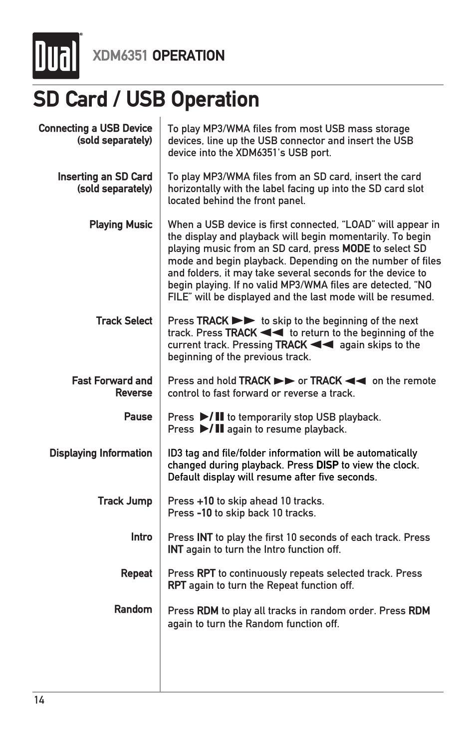Sd card / usb operation | Dual XDM6351 User Manual | Page 14 / 24