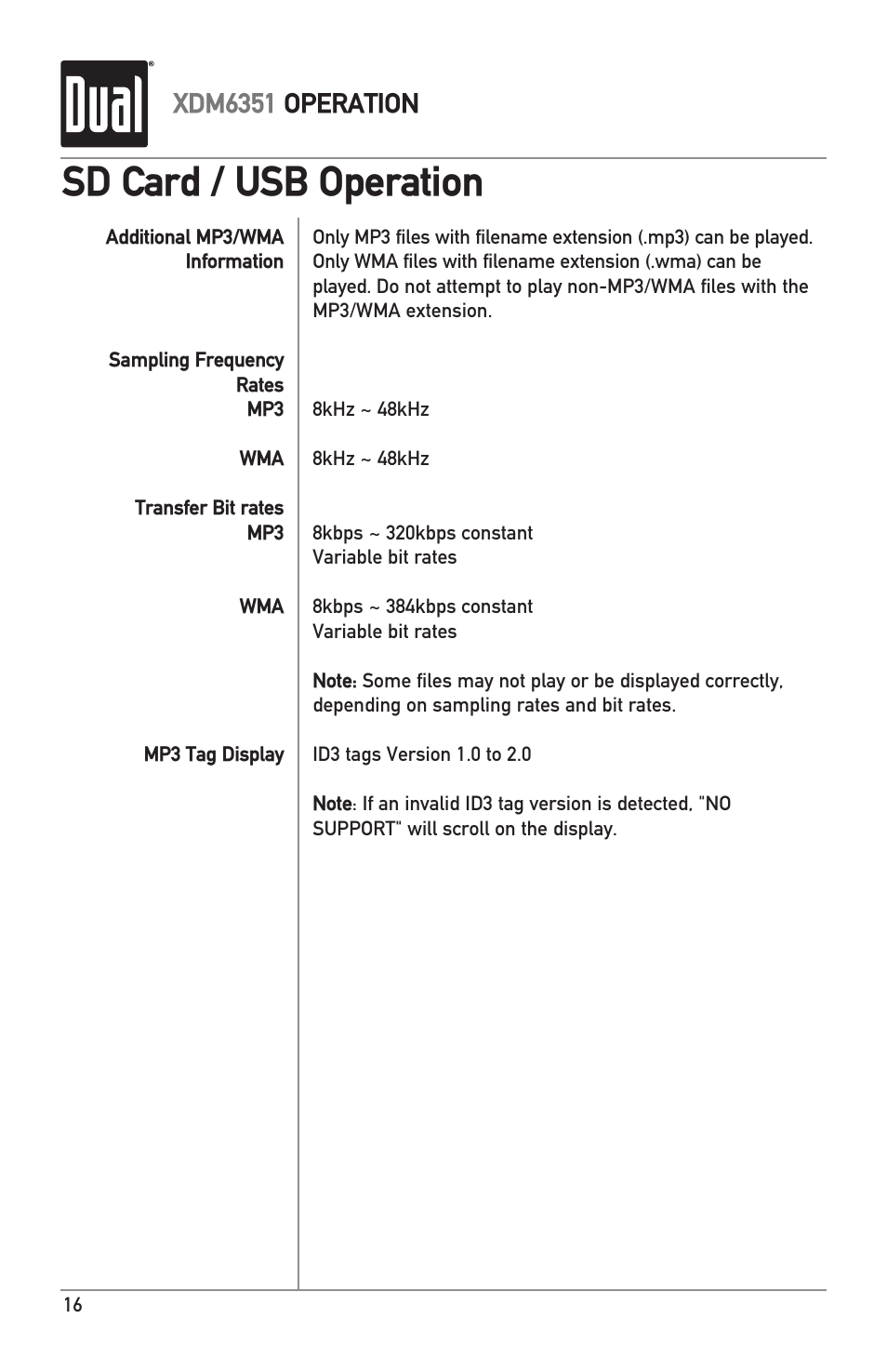 Sd card / usb operation, Xdm6351 operation | Dual XDM6351 User Manual | Page 16 / 24