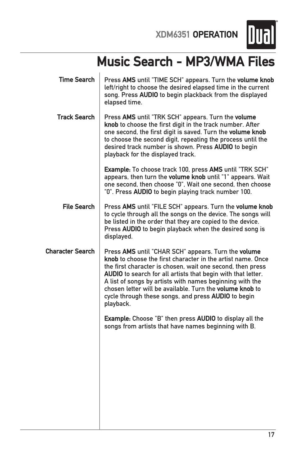 Music search - mp3/wma files, Xdm6351 operation | Dual XDM6351 User Manual | Page 17 / 24