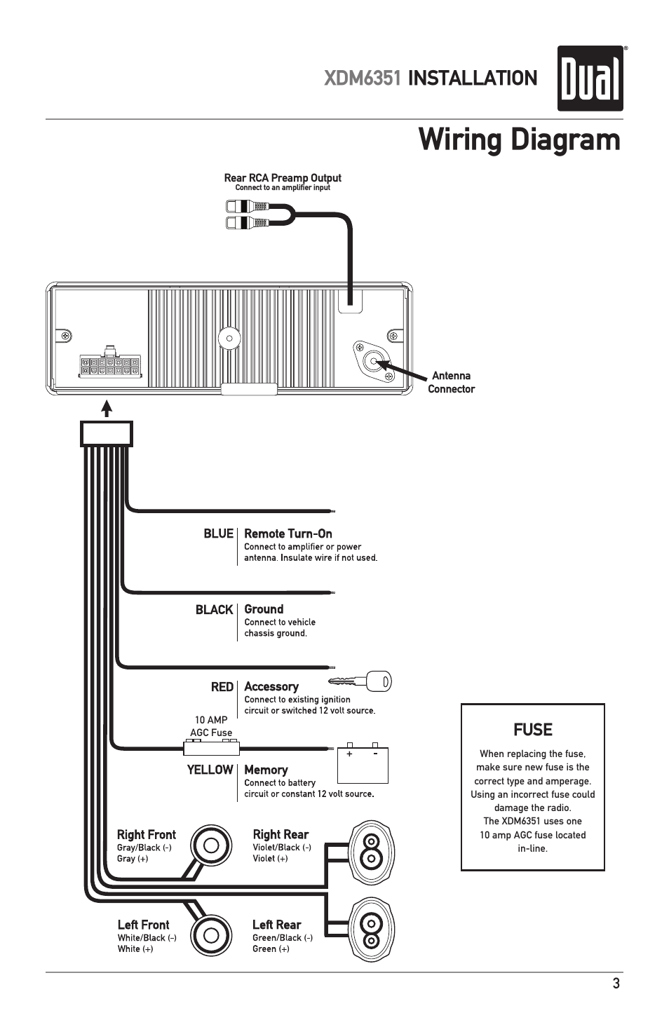 Wiring diagram, Xdm6351 installation, Fuse | Dual XDM6351 User Manual | Page 3 / 24