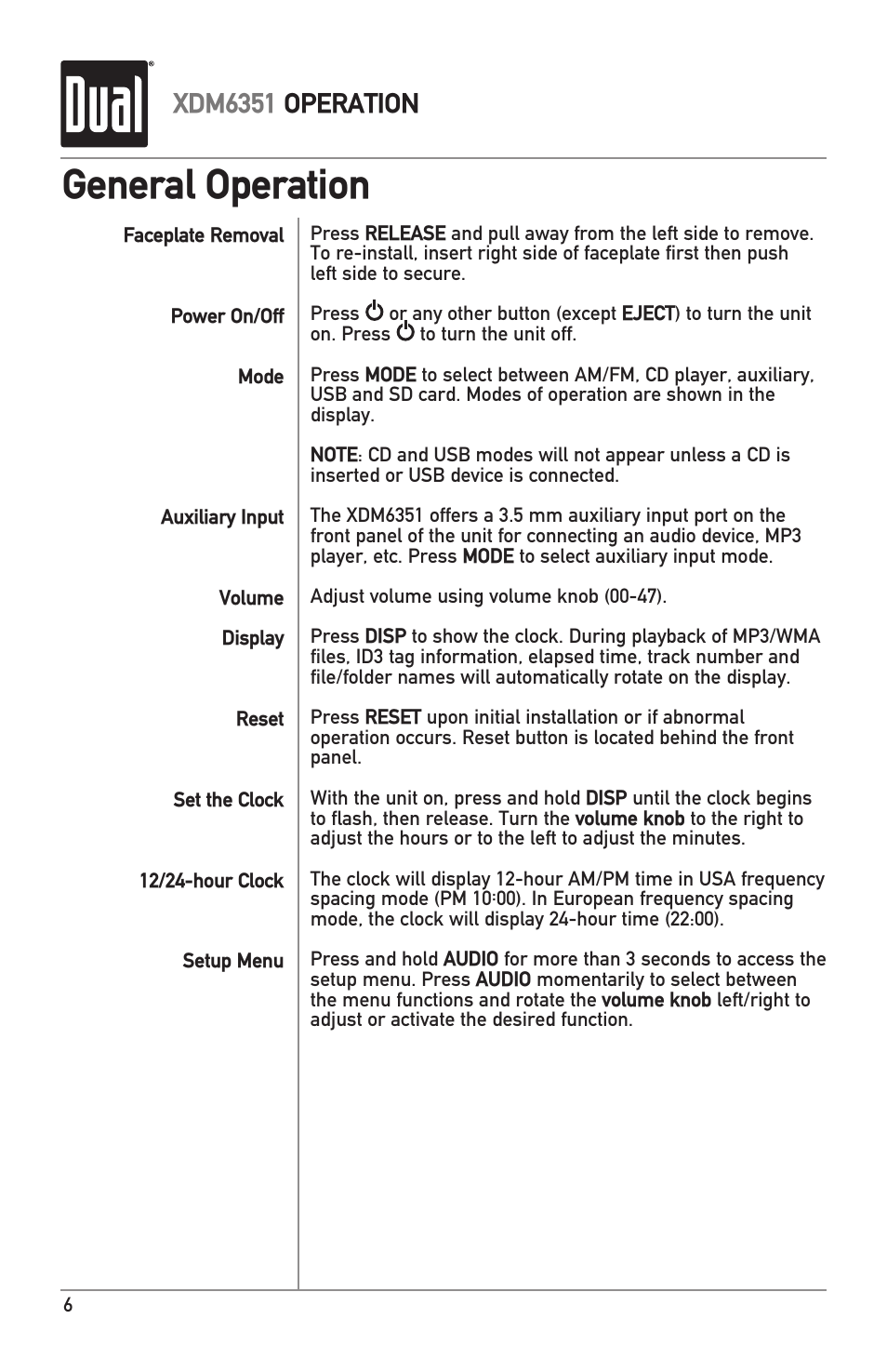 General operation, Xdm6351 operation | Dual XDM6351 User Manual | Page 6 / 24