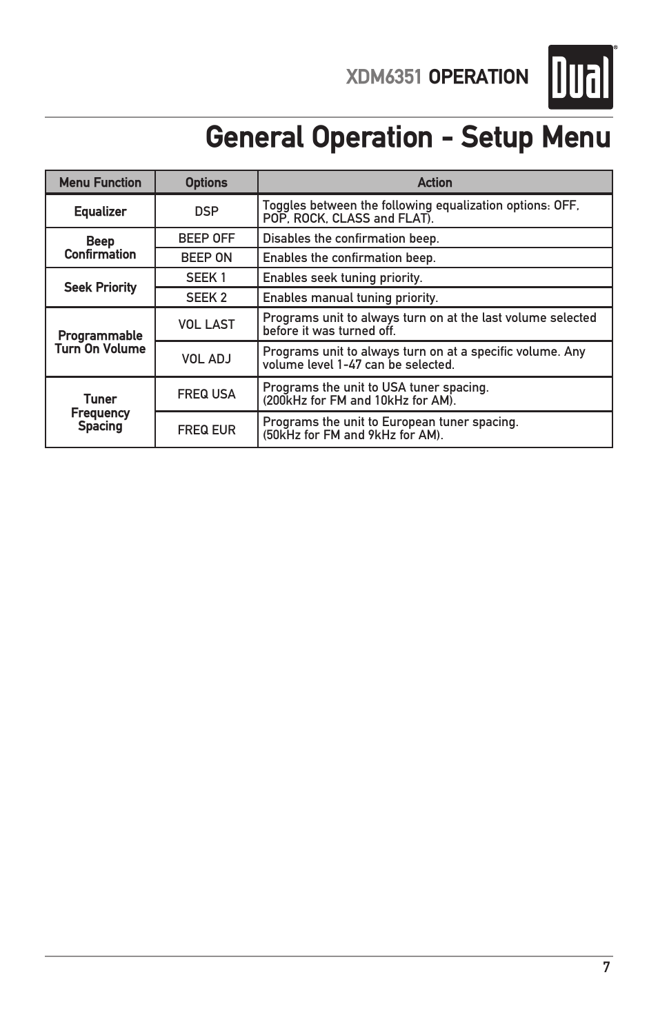 General operation - setup menu, Xdm6351 operation | Dual XDM6351 User Manual | Page 7 / 24