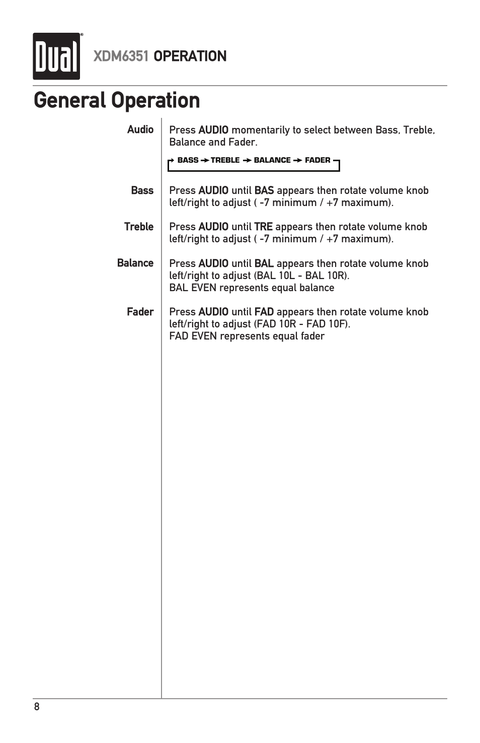 General operation, Xdm6351 operation | Dual XDM6351 User Manual | Page 8 / 24